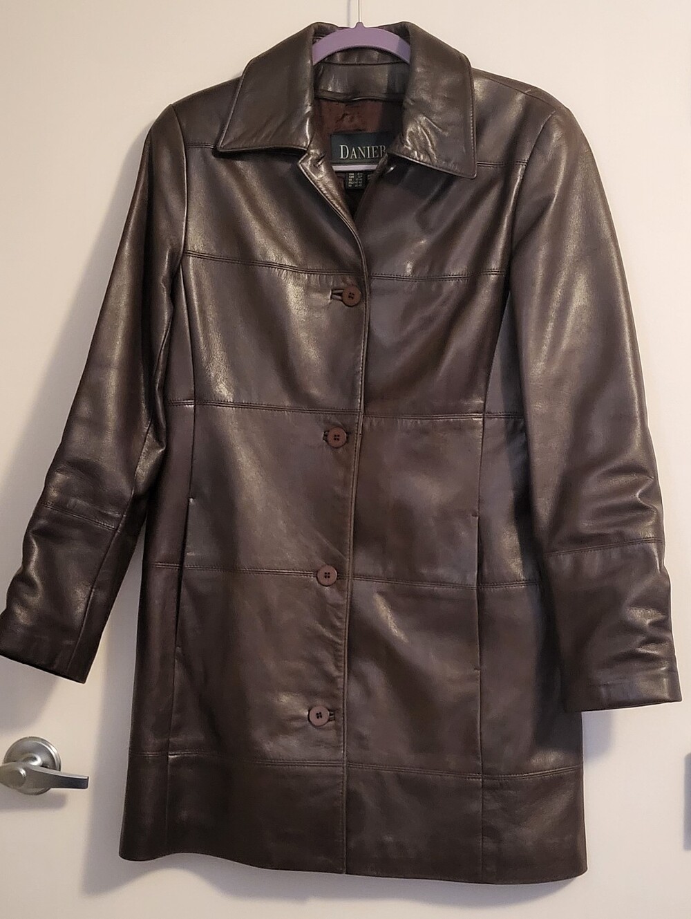 Vintage Danier Mid-length Leather Jacket Trench Coat w Pockets Sz S Dark Brown - Picture 4 of 16